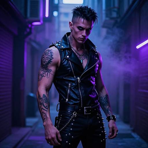 Photograph-style digital artwork of a muscular, tattooed man with spiky black hair, wearing a black leather vest and pants, standing in a dim