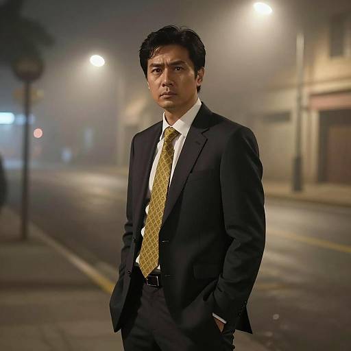 Man in Suit on Foggy Street at Night