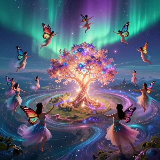 Digital art of fairy-like women with butterfly wings dancing around a glowing, magical tree under vibrant northern lights, surrounded by swirling blue and purple lights.