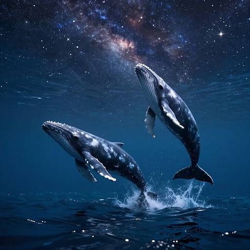 Photographic CGI of two leaping humpback whales in a starry, cosmic ocean, splashing water beneath them, with the Milky Way visible
