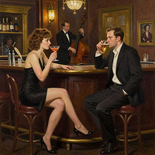 Photograph of a dimly lit bar: a curly-haired woman in a black dress and high heels sips a martini, a man in a