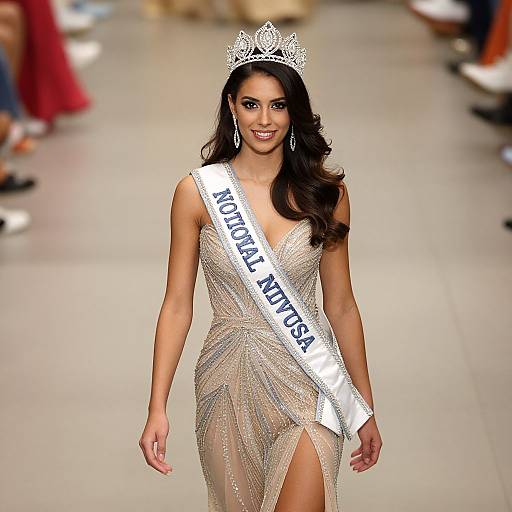 Photograph of a beautiful woman with dark hair, wearing a sparkling silver gown, silver tiara, and 