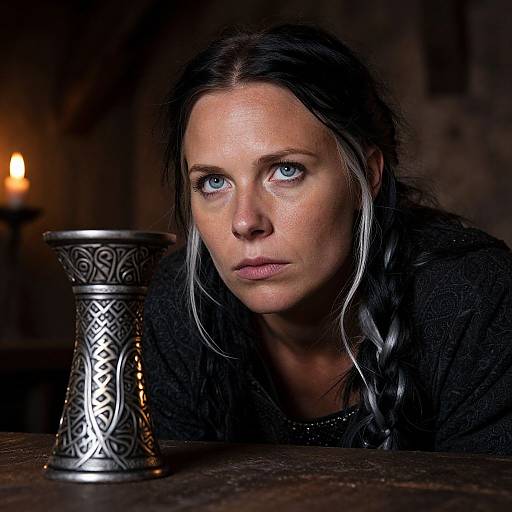 Photograph of a serious, blue-eyed woman with long black and white braided hair, wearing a black medieval garment, gazing at an ornate