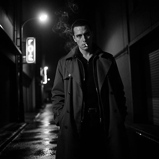 Black-and-white photograph of a serious man in a dark coat, standing in a rainy, dimly lit alley with glowing neon signs.