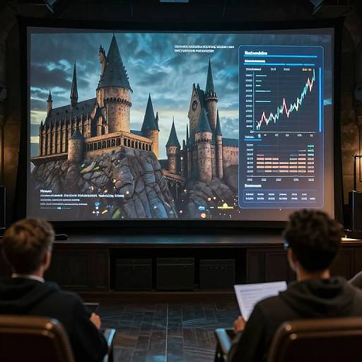Photograph of a dark theater with two viewers, a large screen displaying a detailed CGI Hogwarts Castle from Harry Potter, and a financial chart overlay on the