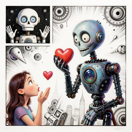 Tim Burton Style Robot Spreading Love