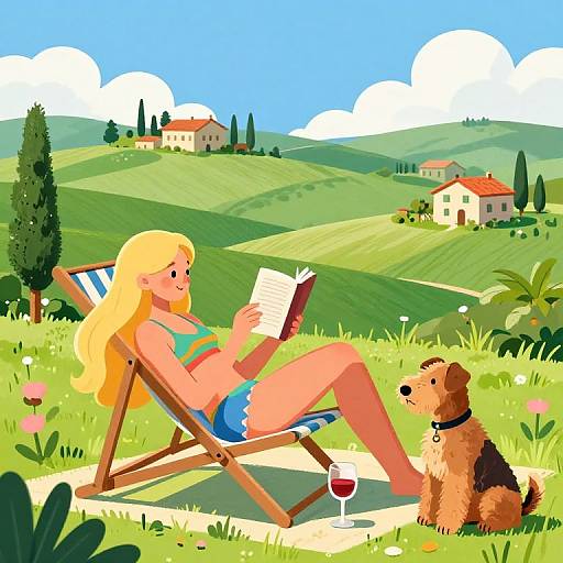 Digital illustration of a blonde woman in a green bikini and blue shorts reading on a wooden chair, with a brown dog beside her in a lush, h
