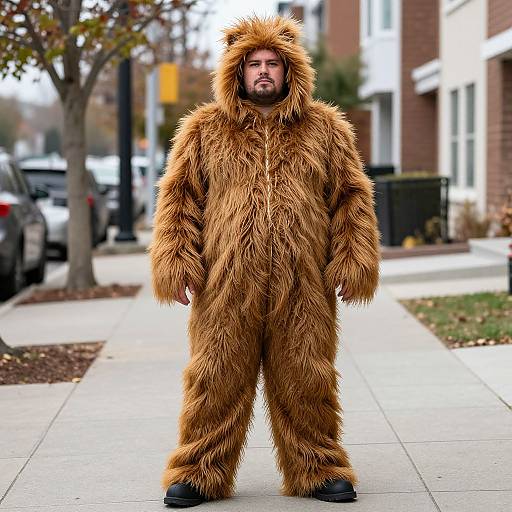 Photograph of a bearded man standing on a suburban sidewalk in a full, fluffy brown bear costume with a hood, looking serious. Background includes parked