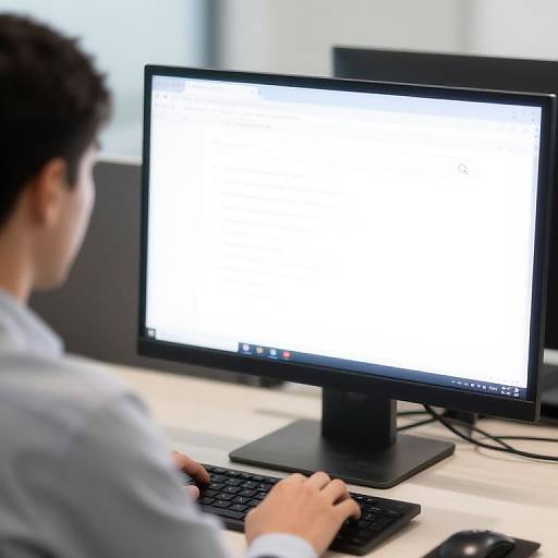 Photograph of a man with short dark hair, wearing a light blue shirt, typing on a black keyboard in front of a brightly lit computer monitor in