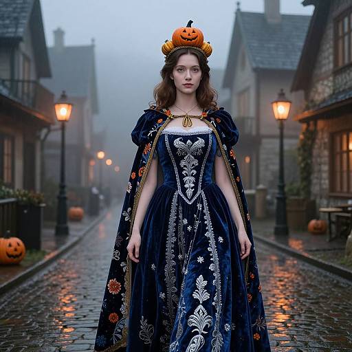 Photograph of a pale-skinned woman with curly brown hair, wearing a dark blue, ornate Halloween dress and cape, topped with a carved pumpkin