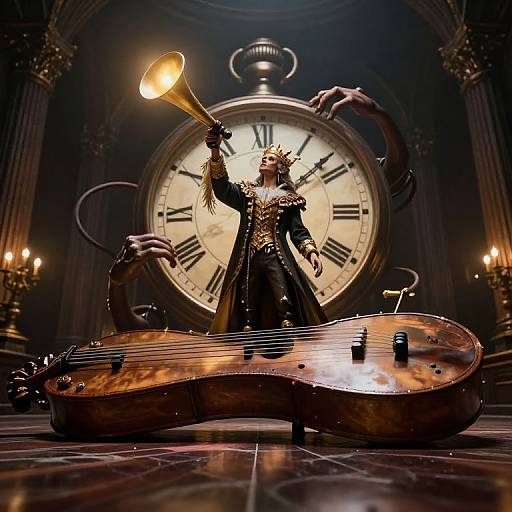 Photograph of a dramatic, costumed figure with a golden crown, black robe, and brass trumpet, standing on a wooden guitar, in front of