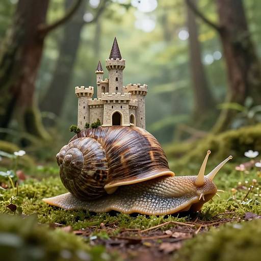 Photograph of a realistic snail with a spiral brown and beige shell, carrying a tiny, detailed medieval castle on its back, in a lush,