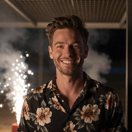 Smiling Man in Black Floral Shirt with Fireworks Reflection