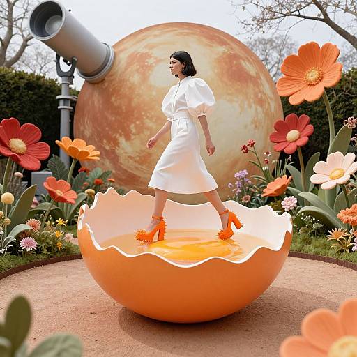 Digital artwork: Asian woman in white dress standing inside cracked orange egg, wearing orange heels, surrounded by vibrant flowers, large lens-like orb in background.