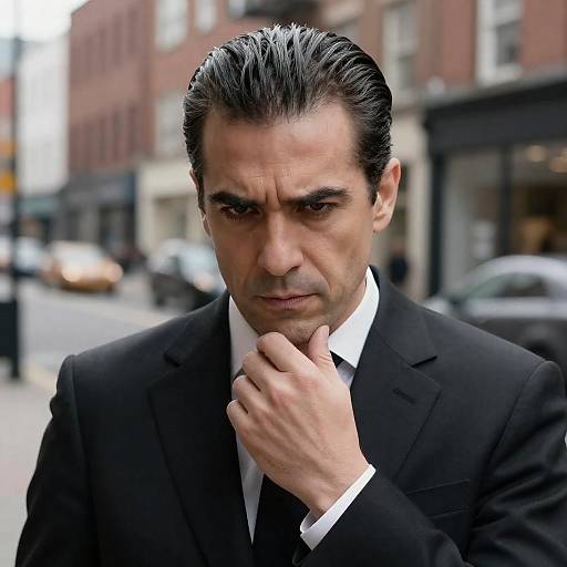 Thoughtful Middle-Aged Man in Black Suit