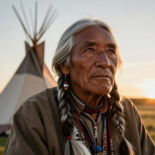 Photograph of an elderly Native American man with long gray hair in braids, wearing traditional clothing, in front of a tipi at sunset.