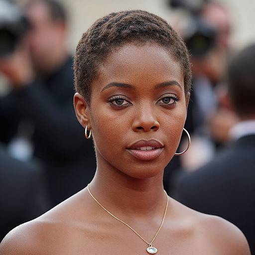 Photograph of a stunning Black woman with short, twisted hair, hoop earrings, and a gold necklace, standing confidently in a blurred, crowded background.