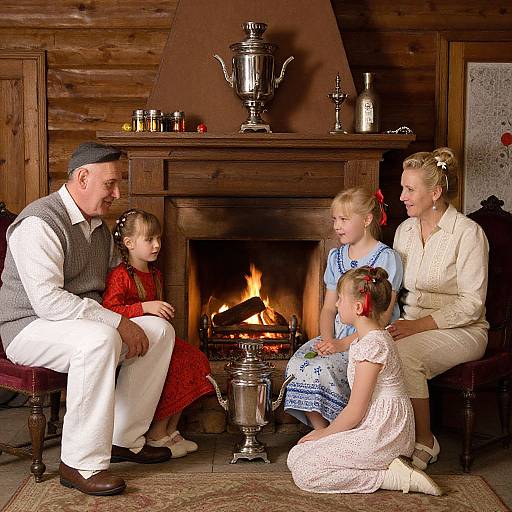 Russian Family Gathering by Fireplace