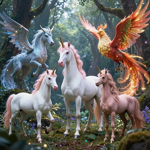 Fantasy forest scene with four white and one pink unicorn, a blue winged horse, and a fiery phoenix, surrounded by glowing flowers and misty