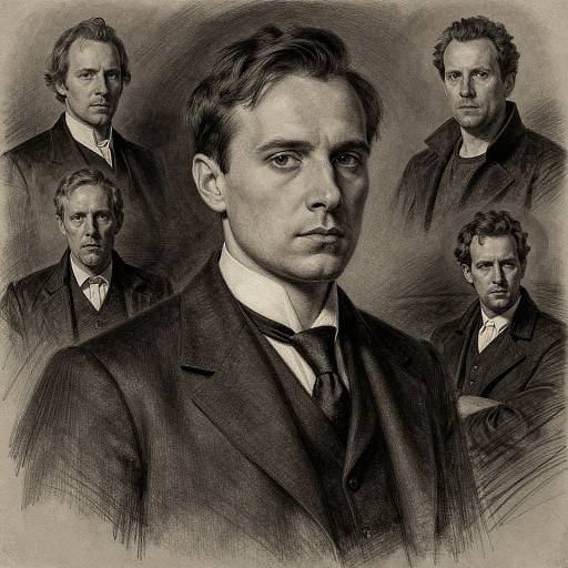 Black-and-white sketch of a serious, handsome man in a suit, surrounded by four identical portraits of himself, emphasizing his intense expression.