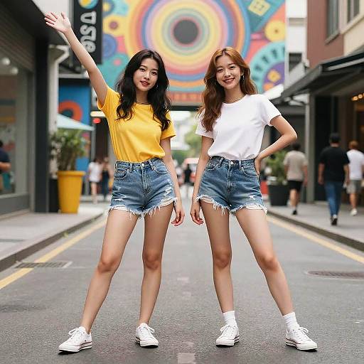Photograph of two young Asian women standing on a city street, one in a yellow shirt and denim shorts, the other in a white shirt and denim
