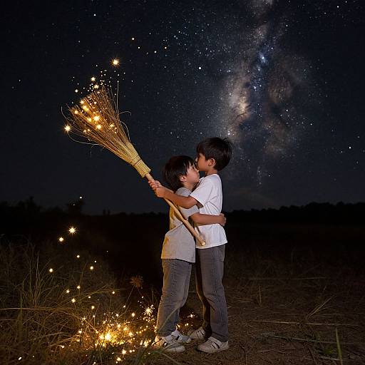 Photograph of two young Asian boys, one holding sparklers, kissing under a starry night sky, with a visible Milky Way.