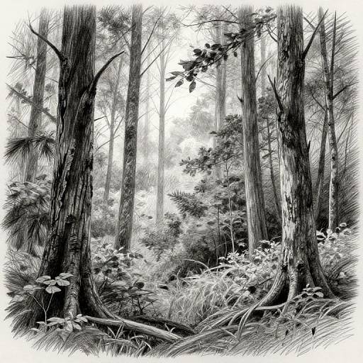 Black-and-white digital drawing of a dense forest with tall, textured trees, intricate foliage, and detailed underbrush, showcasing rich contrast and depth.