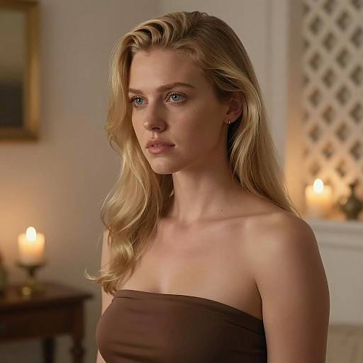 Blonde Woman in Candlelit Indoor Setting