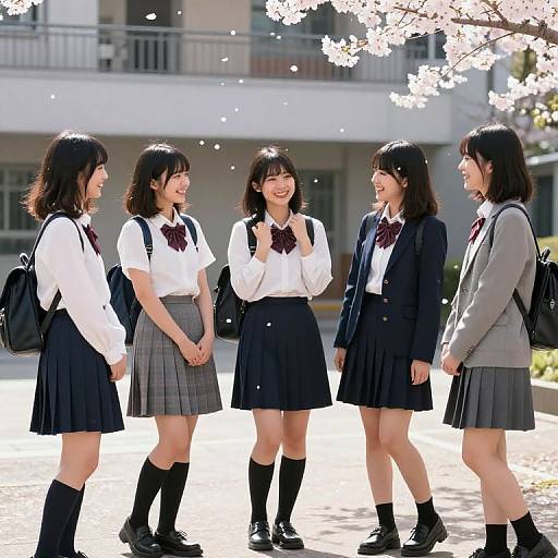 Photograph of five Japanese schoolgirls in white shirts, black skirts, and blazers, standing and laughing under cherry blossom trees.
