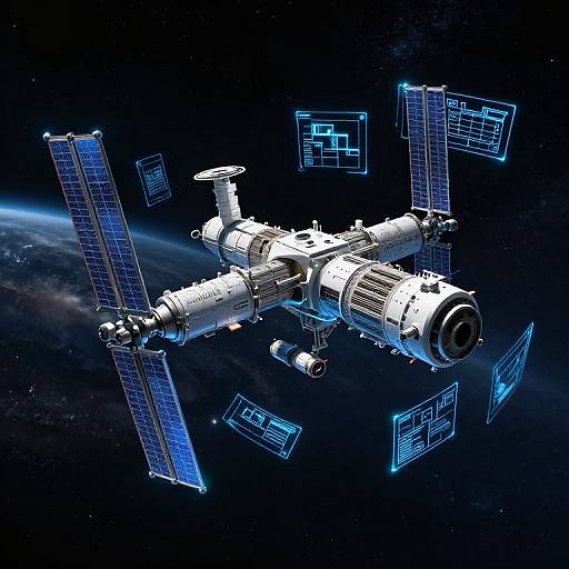 CGI image of a futuristic white space station with blue-lit solar panels and holographic screens floating in deep space.