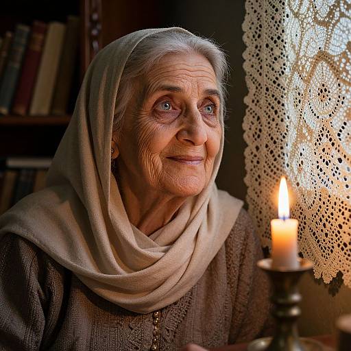 Photograph of an elderly woman with wrinkled skin, blue eyes, and a white headscarf, gazing at a candlelit lace curtain.