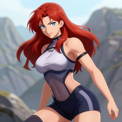 Digital anime-style drawing of a red-haired woman with blue eyes, wearing a tight, white and black athletic outfit, set against a mountainous background.