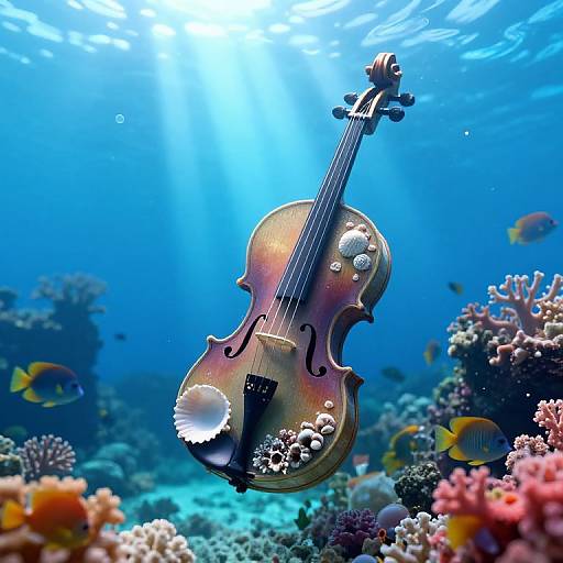 Photograph of a wooden violin underwater, surrounded by colorful coral and small fish, with sunlight streaming from above.