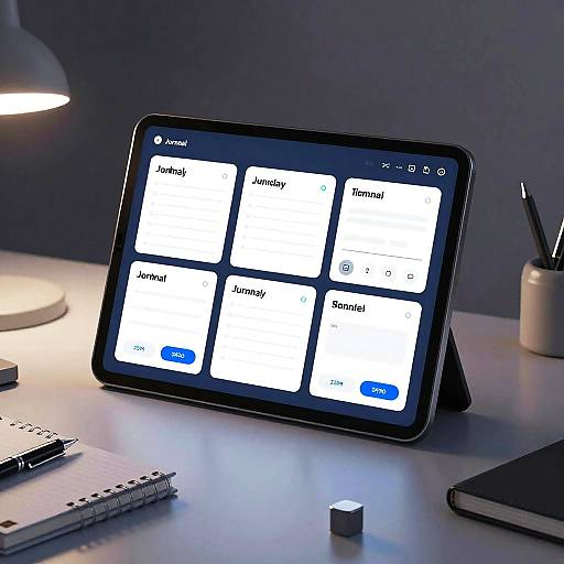 Photograph of a tablet on a white desk displaying a to-do list app with 