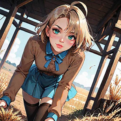 Digital anime-style drawing of a blonde girl with blue eyes, wearing a brown blouse and blue skirt, leaning forward under a wooden structure in a sunlit