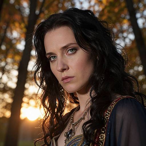 Photograph of a fair-skinned woman with long, wavy black hair, wearing a detailed, dark blue, and gold embroidered garment, standing in