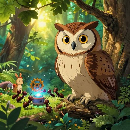 Ghibli-Inspired Owl and Ant Encounter