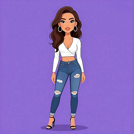 Digital illustration of a confident woman with long brown hair, wearing a white cropped top, ripped blue jeans, black heels, and large hoop earrings, standing