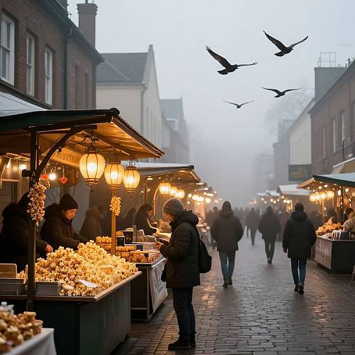 Photograph of a foggy, bustling outdoor market with illuminated stalls, people in winter clothes, and birds flying overhead. Warm lights contrast the cool,