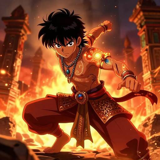 Anime-style digital illustration of a fierce, shirtless young warrior with black hair, glowing tattoos, and blue necklace, crouching in a fiery,