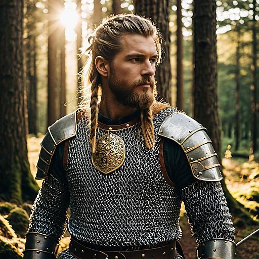 Viking Warrior in Chainmail Armor in Forest