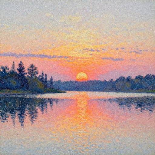 Pointillist Sunrise Over Serene Lake
