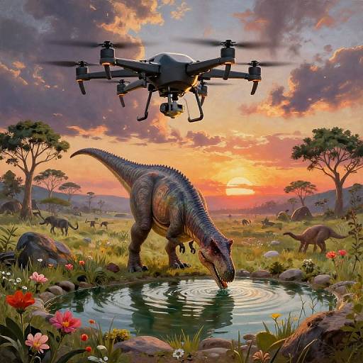 Photorealistic digital artwork of a drone hovering above a sunset-lit prehistoric landscape with a dinosaur drinking from a pond, surrounded by flowers and other