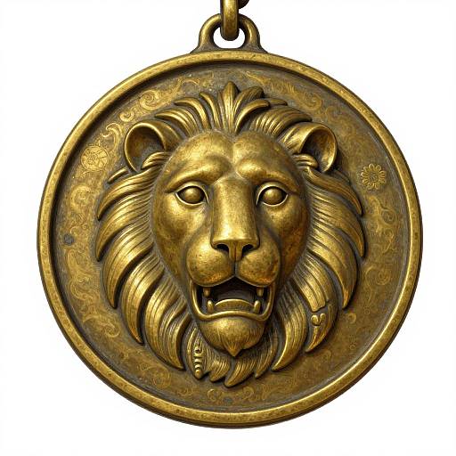 Golden, circular, ornate pendant featuring a detailed, roaring lion's head with intricate mane patterns and floral motifs, hanging by a small loop.