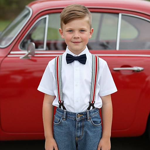 Photograph of a young boy with light brown hair, wearing a white shirt, black bow tie, blue jeans, and red-striped suspenders, standing