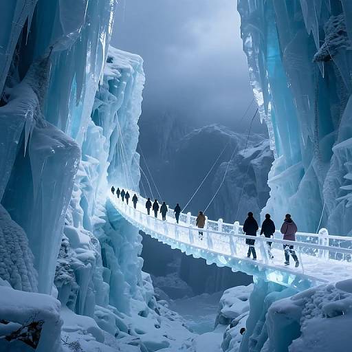 Photograph of a glowing, icy suspension bridge surrounded by towering, crystalline blue ice formations, with silhouetted people walking across.