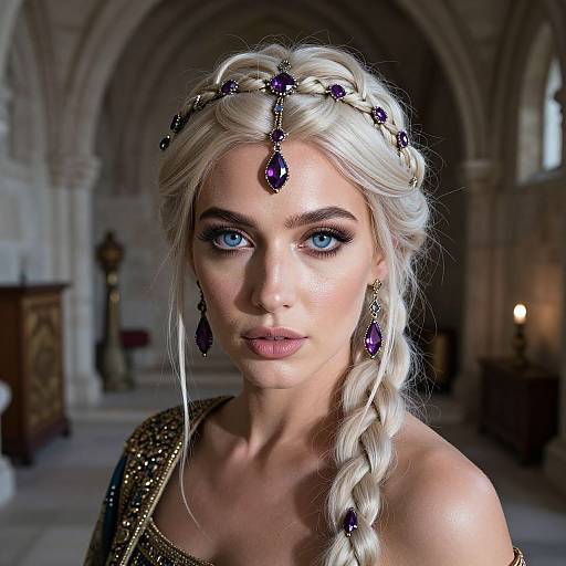 Photorealistic digital portrait of a fair-skinned, blue-eyed woman with platinum blonde braided hair, adorned with purple gemstone headpiece and earrings