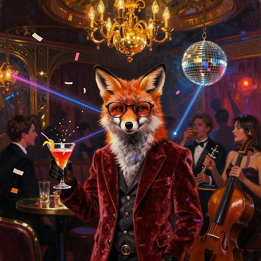 Anthropomorphic fox in a velvet suit, glasses, and cocktail, dancing in a vibrant, 1920s-style nightclub with a dancing ball and