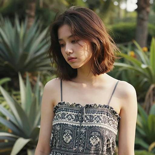 Photograph of an Asian woman with shoulder-length brown hair, wearing a black, floral-patterned, spaghetti-strap dress, standing in a lush garden
