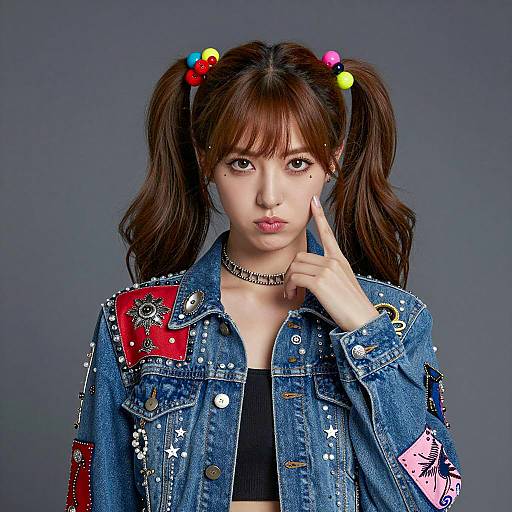 Young Woman in Embellished Denim Jacket with Pigtails